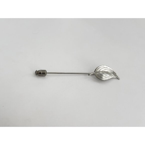 Leaf Shaped Silver Textured Toned Vintage Stick Pin | Hat Pin | Lapel Pin - Picture 7 of 10
